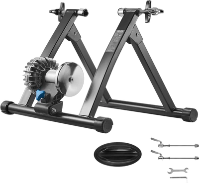 VEVOR Bike Trainer, 26-29 Inch & 700C Wheels, Foldable Fluid Bicycle Stationary Trainer Stand for Indoor Exercise Riding with Quick Release Skewer & Front Wheel Riser Block, Fits Road Bikes, Black