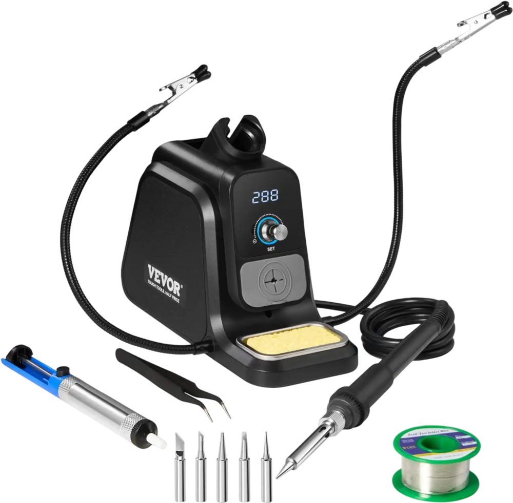VEVOR Soldering Iron Station, 80W Digital Display Soldering Station Kit with 2 Helping Hands, 5 Soldering Tips, 30g Solder Wire, Solder Sucker, Tweezer, Auto Standby & Sleep Mode, °C/°F Conversion