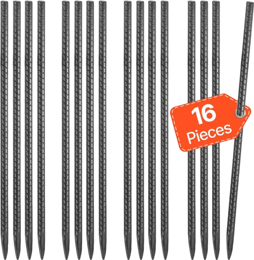 VEVOR Rebar Stakes, 16-Inch, Heavy-Duty 0.45 in Diameter, Straight Galvanized Steel Ground Anchors with Chisel Point End & Rust-Resistant Coating, for Gardening Support, Fence, Camping Tents (16-Pack)
