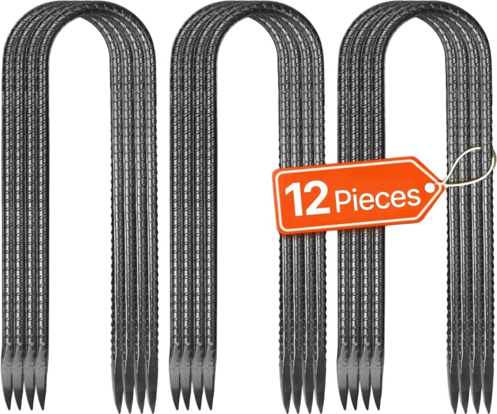 VEVOR Rebar Stakes, 10-Inch, Heavy-Duty 0.32 in Diameter U Shape, Galvanized Steel Ground Anchors with Chisel Point End & Rust-Resistant Coating, for Gardening Support, Fence, Camping Tents (12-Pack)
