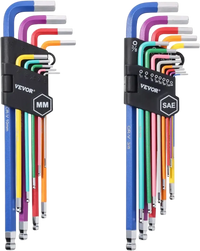 VEVOR Hex Key Allen Wrench Set, 22 pcs SAE (0.050-3/8 in) and Metric (1.5-10 mm), Color Coding Allen Wrenches Sets with Ball End, Long Arm L-Shaped Hex Key for Bicycle, Household, Automobile Repair