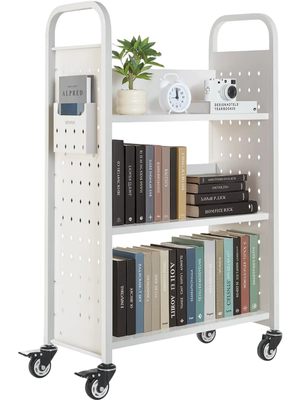 VEVOR Rolling Library Book Cart, 330 lbs Capacity, 30.3 x 15 x 48.0-Inch Library Cart, Single Sided L-Shaped Shelves with 3-Inch Lockable Wheels, Book Truck for Home Shelves Office and School, White