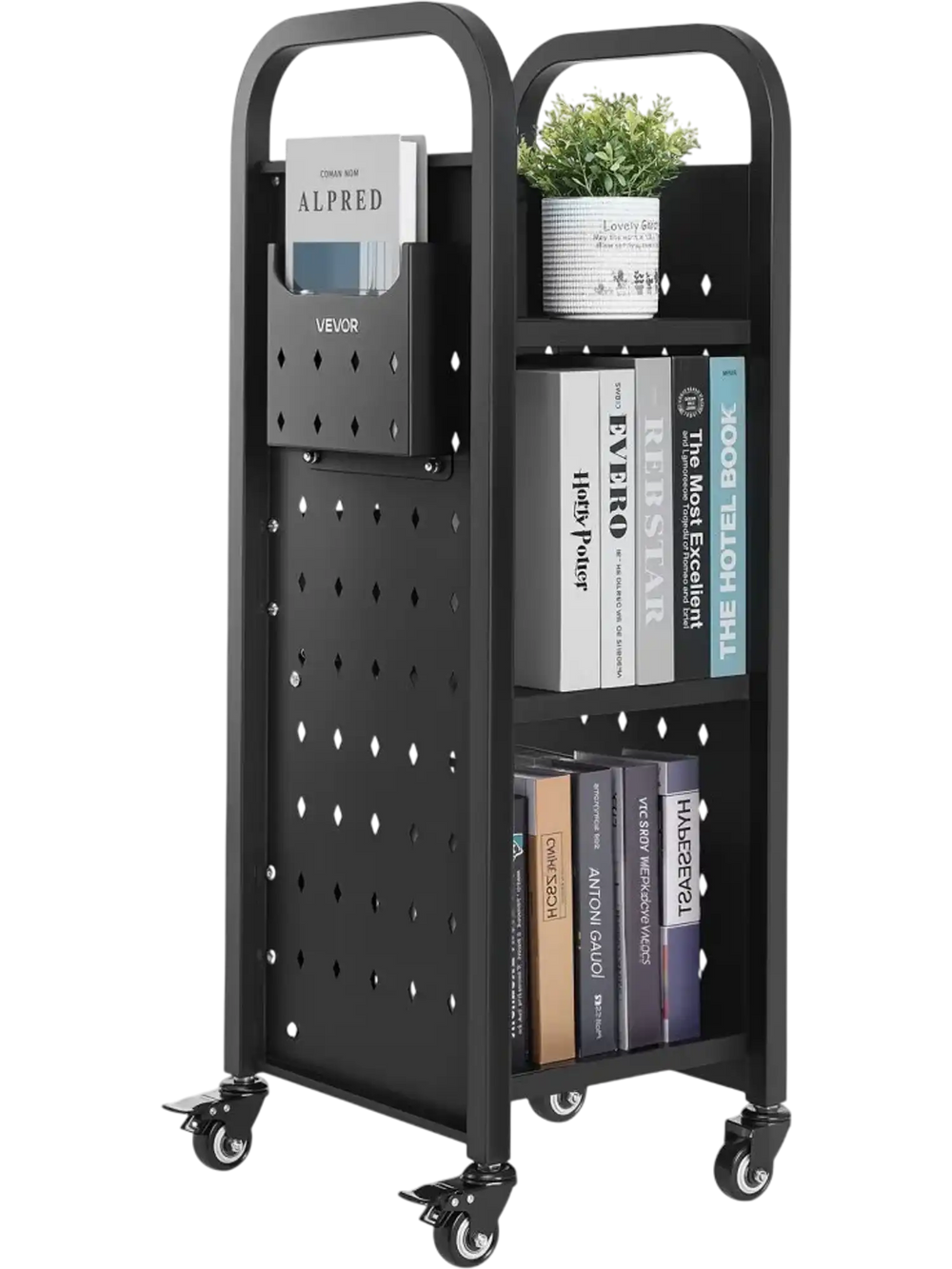 VEVOR Rolling Library Book Cart, 220 lbs Capacity, 12.6 x 13.8 x 36.8-Inch Library Cart, Single Sided L-Shaped Shelves with 2-Inch Lockable Wheels, Book Truck for Home Shelves Office and School, Black