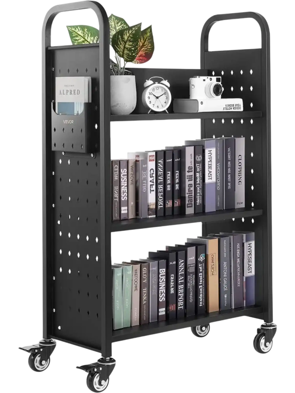 VEVOR Rolling Library Book Cart, 330 lbs Capacity, 30.3 x 15 x 48.0-Inch Library Cart, Single Sided L-Shaped Shelves with 3-Inch Lockable Wheels, Book Truck for Home Shelves Office and School, Black