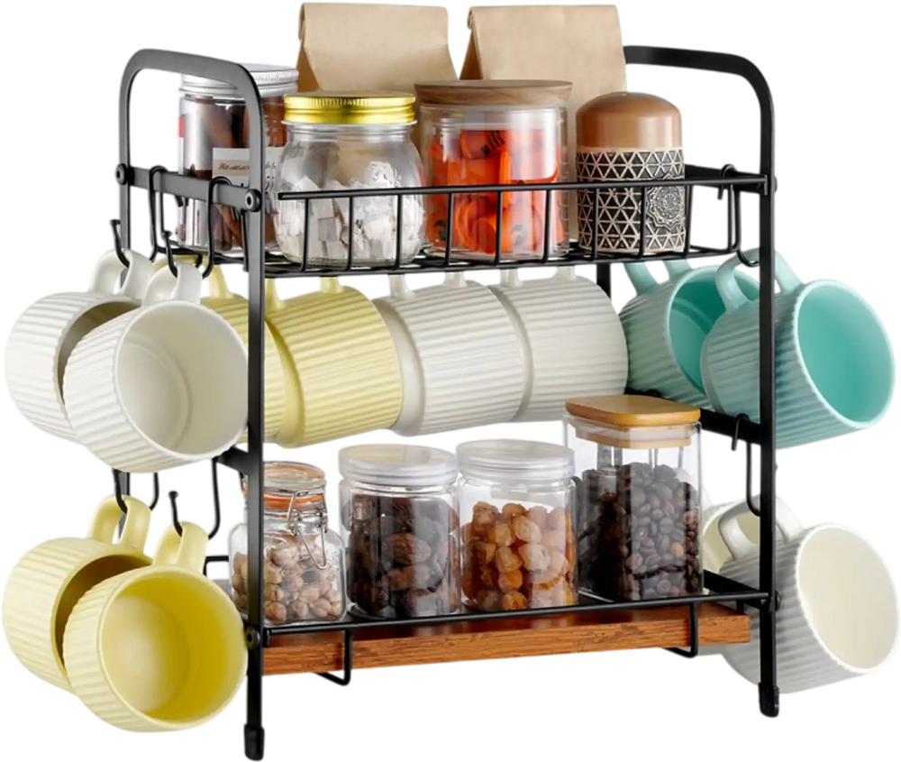 VEVOR 2 Tier Coffee Bar Organizer for Countertop, Multifunctional Mug Holder and Coffee Station, 12 Movable Hooks and 2 Shelves for Coffee Accessories Storage and Display, Home Office (Matte Black)