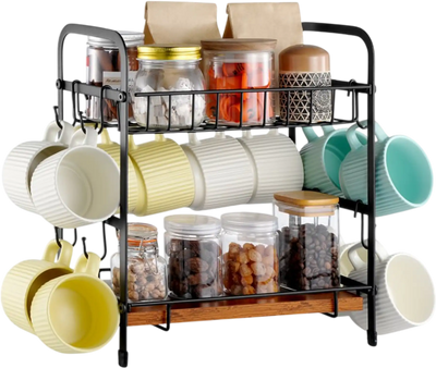 VEVOR 2 Tier Coffee Bar Organizer for Countertop, Multifunctional Mug Holder and Coffee Station, 12 Movable Hooks and 2 Shelves for Coffee Accessories Storage and Display, Home Office (Matte Black)