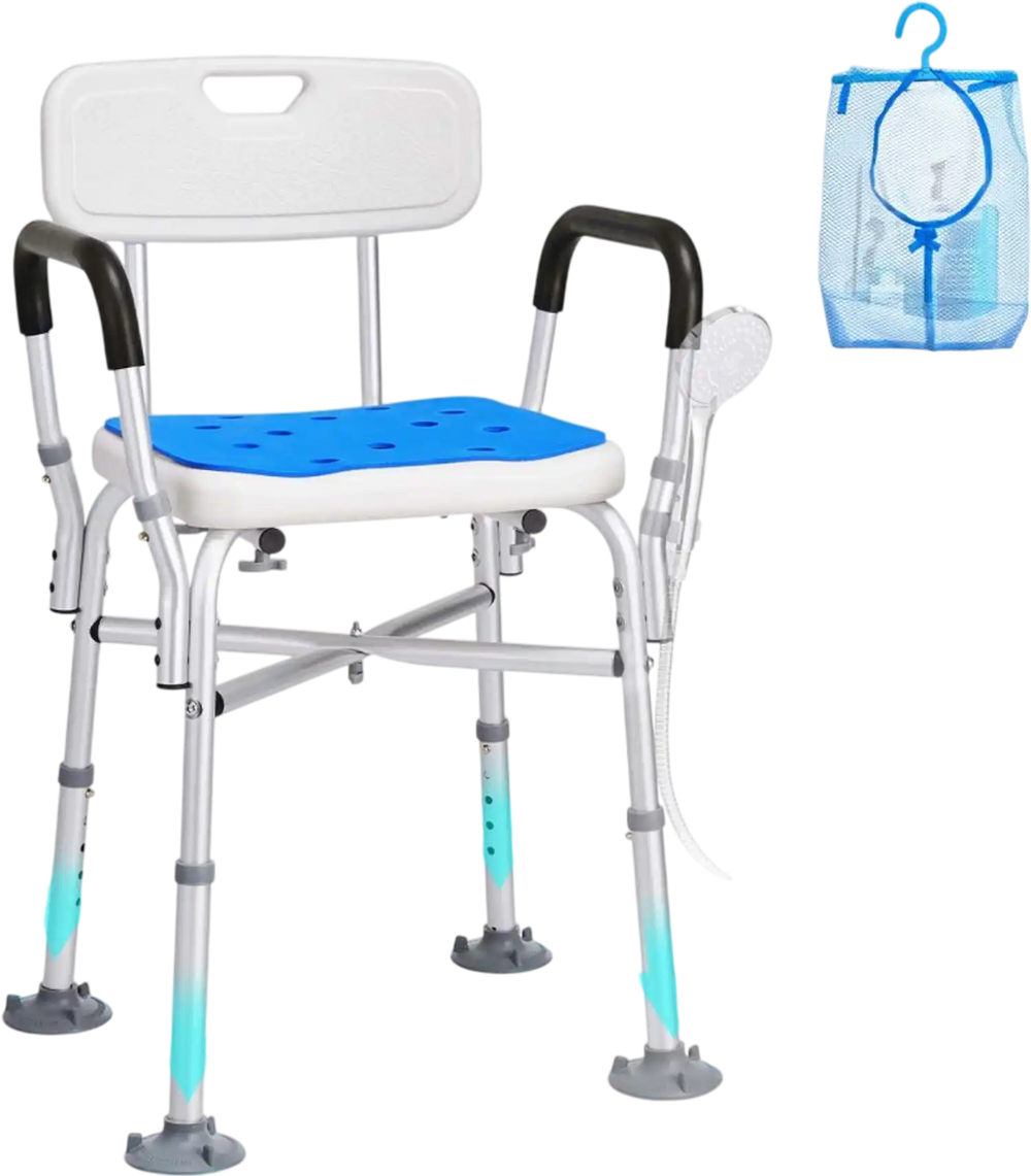 VEVOR Shower Chair Seat with Padded Arms and Back, Shower Stool with Reinforced CrossBar, Adjustable Height Bench Bath Chair for Elderly Disabled, Shower Chair for Inside Shower Bathtub, 400 lbs