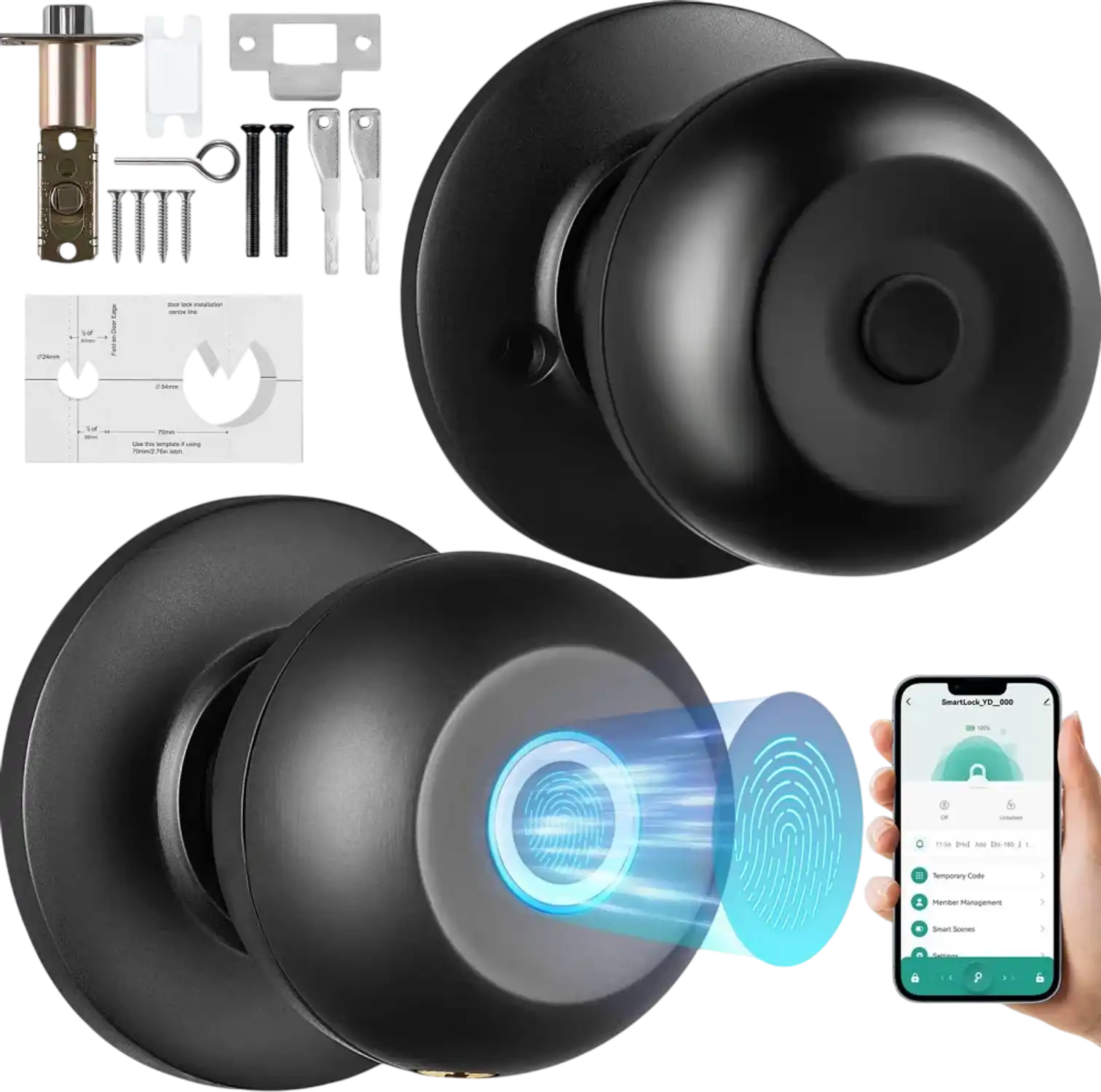 Vevor Smart Door Knob Bluetooth Biometric Lock with App Control Black New