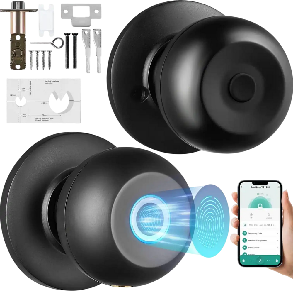 VEVOR Smart Door Knob, Biometric Door Lock Bluetooth Smart Lock, Fingerprint Smart Lock with APP Control, Easy Installation Door Lock, for Home Bedrooms, Cloakroom, Hotels, Apartments Offices, Black
