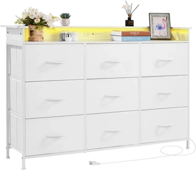 Vevor Dresser 9-Drawer Fabric Storage Tower with LED Lights & Built-In Outlet White New