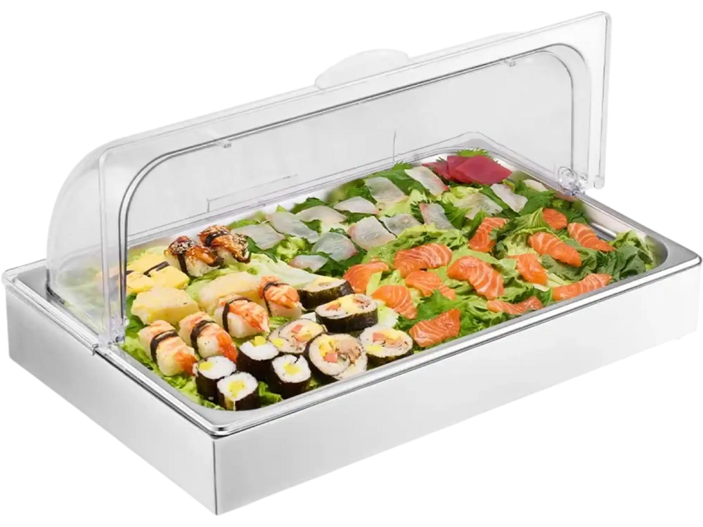 VEVOR Countertop Food Serving Display Container, 1 x 1 Pan Stainless Steel Food Serving Tray, Buffet Condiment Dispenser Display Rack with Clear Lid & 3 Ice Trays, for Restaurant Hotel Kitchen Party