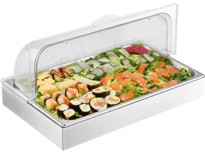 VEVOR Countertop Food Serving Display Container, 1 x 1 Pan Stainless Steel Food Serving Tray, Buffet Condiment Dispenser Display Rack with Clear Lid & 3 Ice Trays, for Restaurant Hotel Kitchen Party