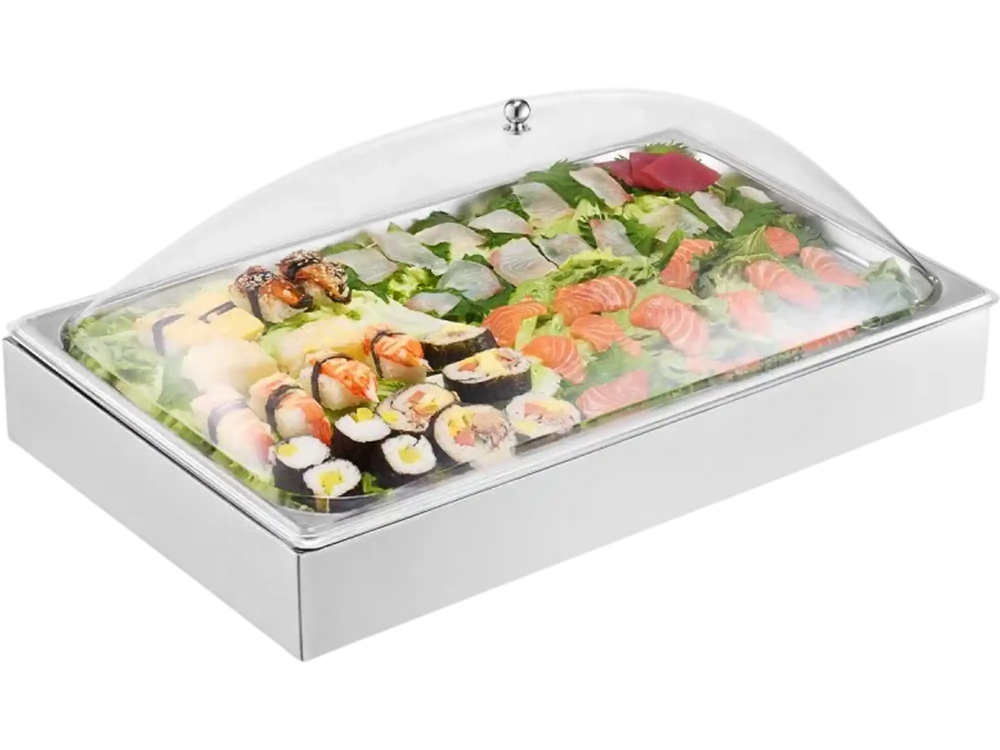 VEVOR Countertop Food Serving Display Container, 1 x 1 Pan Stainless Steel Food Serving Tray, Buffet Condiment Dispenser Display Rack with Clear Arc Lid & 3 Ice Trays, for Restaurant, Hotel, Party