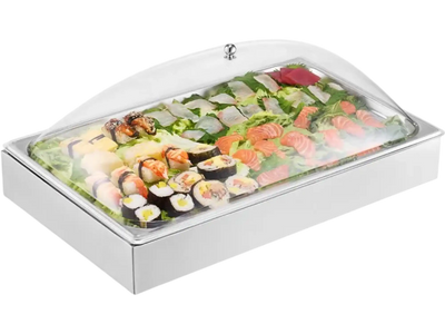 VEVOR Countertop Food Serving Display Container, 1 x 1 Pan Stainless Steel Food Serving Tray, Buffet Condiment Dispenser Display Rack with Clear Arc Lid & 3 Ice Trays, for Restaurant, Hotel, Party
