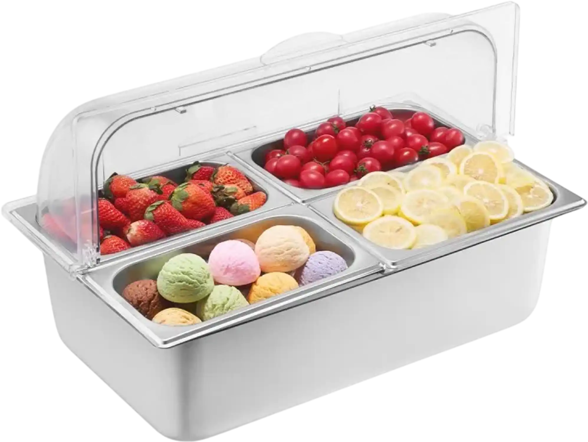 Vevor Food Serving Display Container 4-Pan Buffet Condiment Dispenser with Clear Lid New