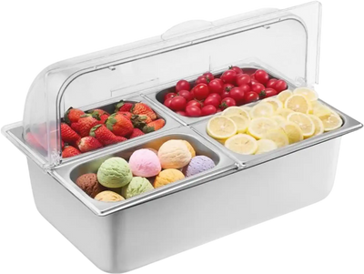 Vevor Food Serving Display Container 4-Pan Buffet Condiment Dispenser with Clear Lid New
