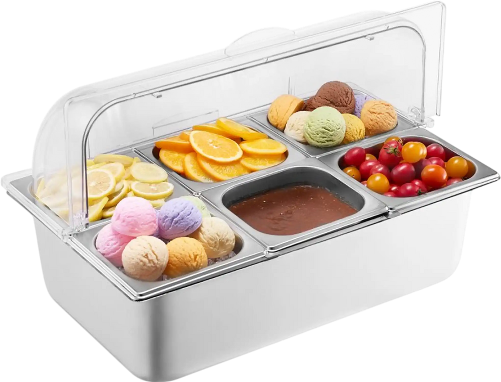 VEVOR Countertop Food Serving Display Container, 6 Pan Stainless Steel Food Serving Tray, Buffet Condiment Dispenser Display Rack with Clear Lid & 3 Freezer Boxes, for Restaurant Hotel Kitchen Party