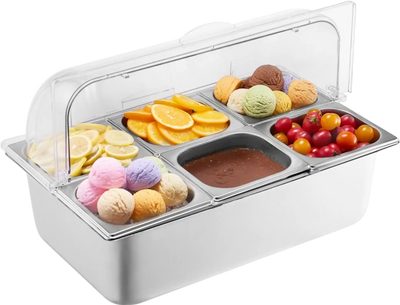 Vevor Condiment Server 6-Pan Countertop Food Serving Display Container with Clear Lid New