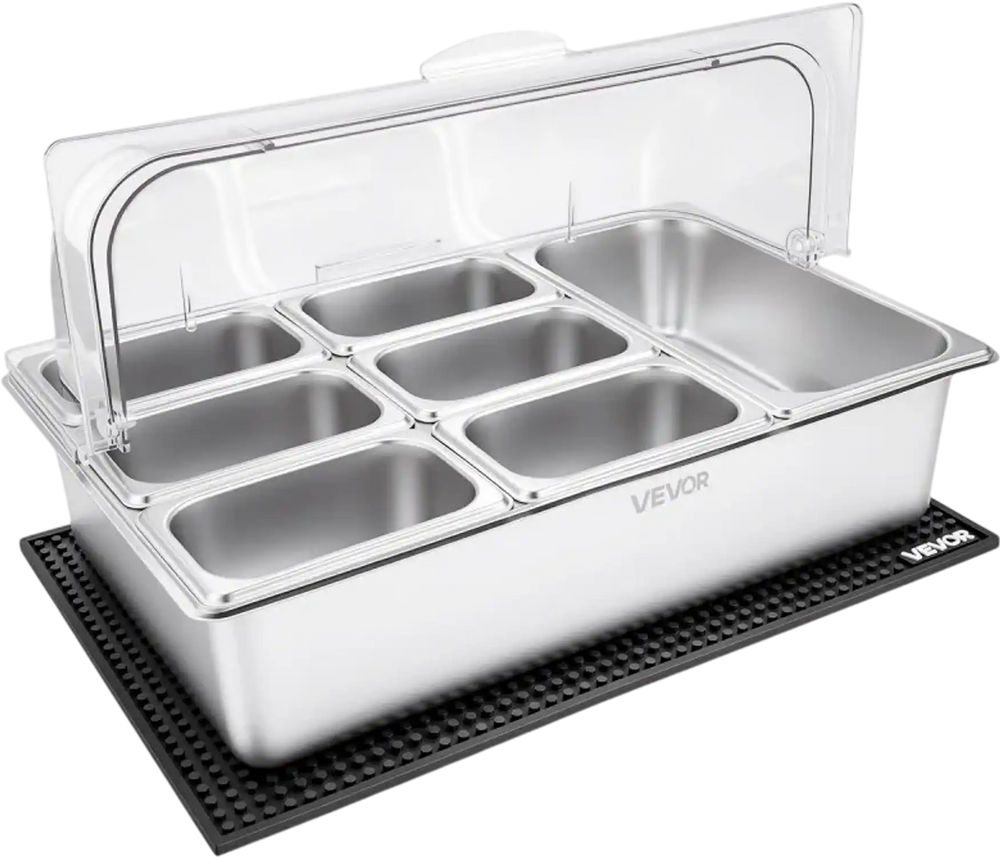 VEVOR Countertop Food Serving Display Container, Stainless Steel Food Salad Server Tray, Buffet Condiment Dispenser, Ice Cooled Rack with Clear Roll Top Cover, for Restaurant Hotel (1x1/3+6x1/9 Pan)