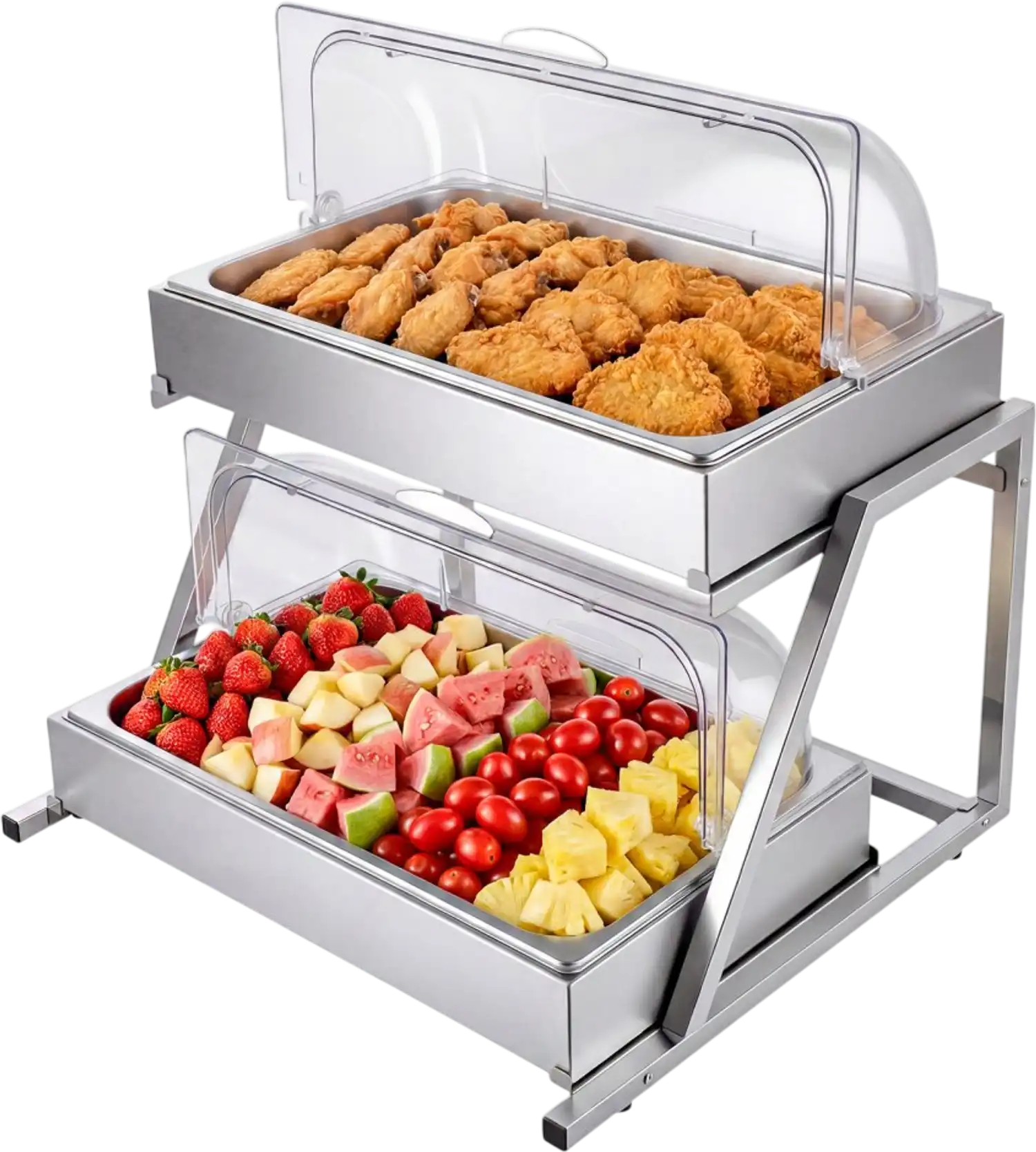 Vevor Food Serving Display Container 2-Tier Stainless Steel Ice-Cooled Buffet Condiment Server with Clear Roll-Top Cover New