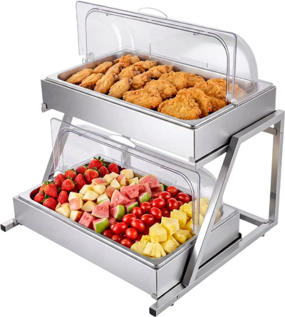 Vevor Food Serving Display Container 2-Tier Stainless Steel Ice-Cooled Buffet Condiment Server with Clear Roll-Top Cover New