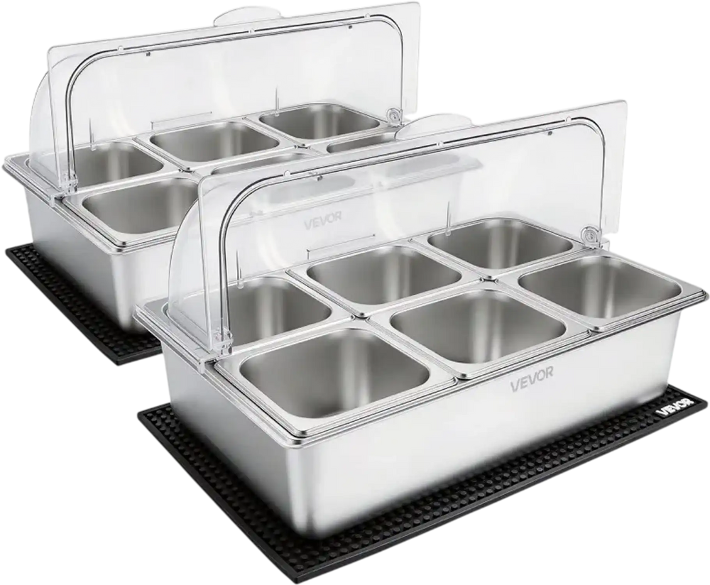 VEVOR Countertop Food Serving Display Container, Stainless Steel Food Salad Server Tray, Buffet Condiment Dispenser, Ice Cooled Rack with Clear Roll Top Cover, for Restaurant Hotel (6x1/6 Pan x2)