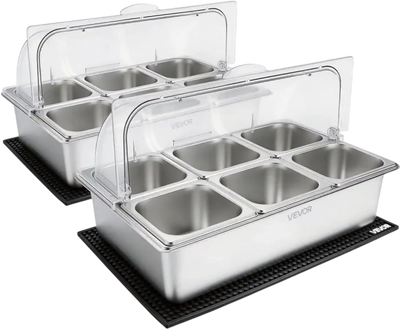 Vevor Food Serving Display Container Ice-Cooled Salad Server Buffet Condiment Dispenser with Clear Roll-Top Cover 6 x 1/6 Pan Set New
