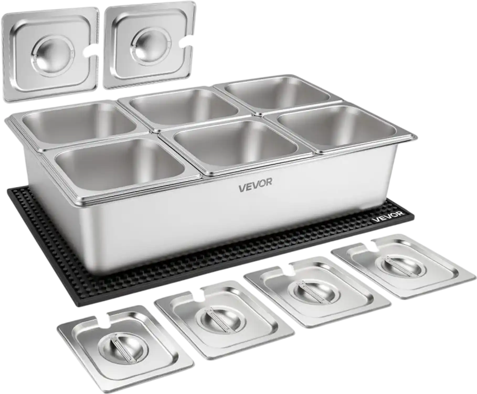 Vevor Food Serving Display Container Stainless Steel Ice Cooled Buffet Condiment Server Tray with Separate Lid 6 x 1/6 Pan New