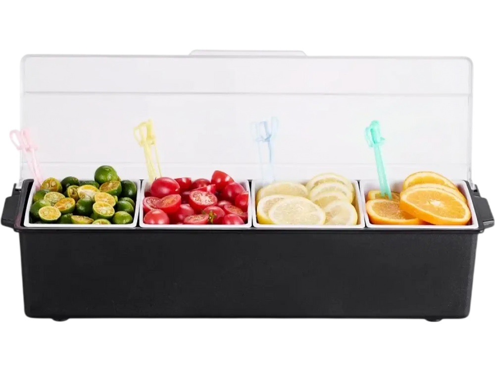 VEVOR Chilled Condiment Server, 4 Compartment Ice Cooled Condiment Serving Container, Chilled Garnish Tray Bar Caddy with Lid, for Bartending & Serving Taco, Salad, Fruit, Home & Restaurant Supplies