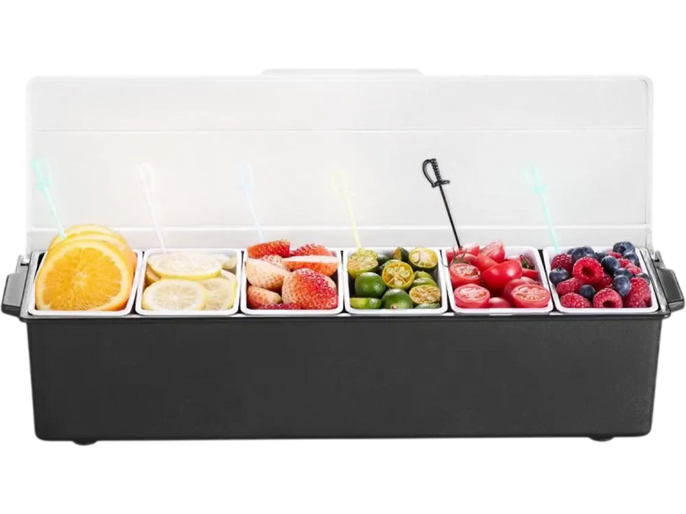 VEVOR Chilled Condiment Server, 6 Compartment Ice Cooled Condiment Serving Container, Chilled Garnish Tray Bar Caddy with Lid, for Bartending & Serving Taco, Salad, Fruit, Home & Restaurant Supplies