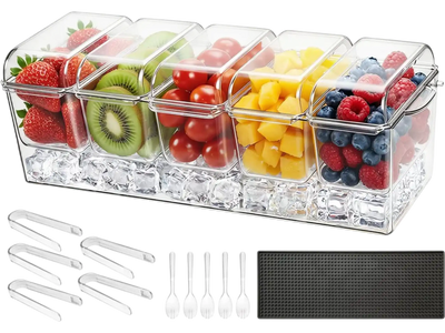 VEVOR Chilled Condiment Server Caddy, 5 Compartment Ice Cooled Serving Container, Plastic Fruit Garnish Tray Platter with Separate Lid, for Taco Salad Bar Accessories, Party Home Restaurant Supplies