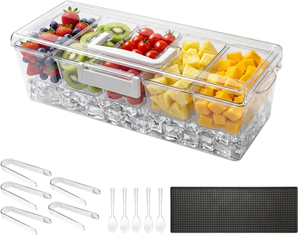 VEVOR Chilled Condiment Server Caddy, 5 Compartment Ice Cooled Serving Container, Plastic Fruit Garnish Tray Platter with Lid, for Taco Salad Bar Accessories, Party Home Restaurant Supplies