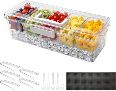 VEVOR Chilled Condiment Server Caddy, 5 Compartment Ice Cooled Serving Container, Plastic Fruit Garnish Tray Platter with Lid, for Taco Salad Bar Accessories, Party Home Restaurant Supplies