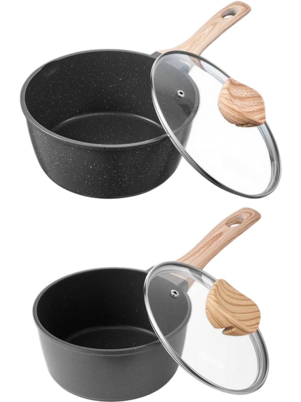 VEVOR Saucepan Set, 1.5 QT & 2.5 QT Nonstick Saucepan with Glass Lids, Multipurpose Cooking Sauce Pots with Detachable Handles, Sauce Pan Kitchen Cooking Pot with Coating, Induction Compatible, Black