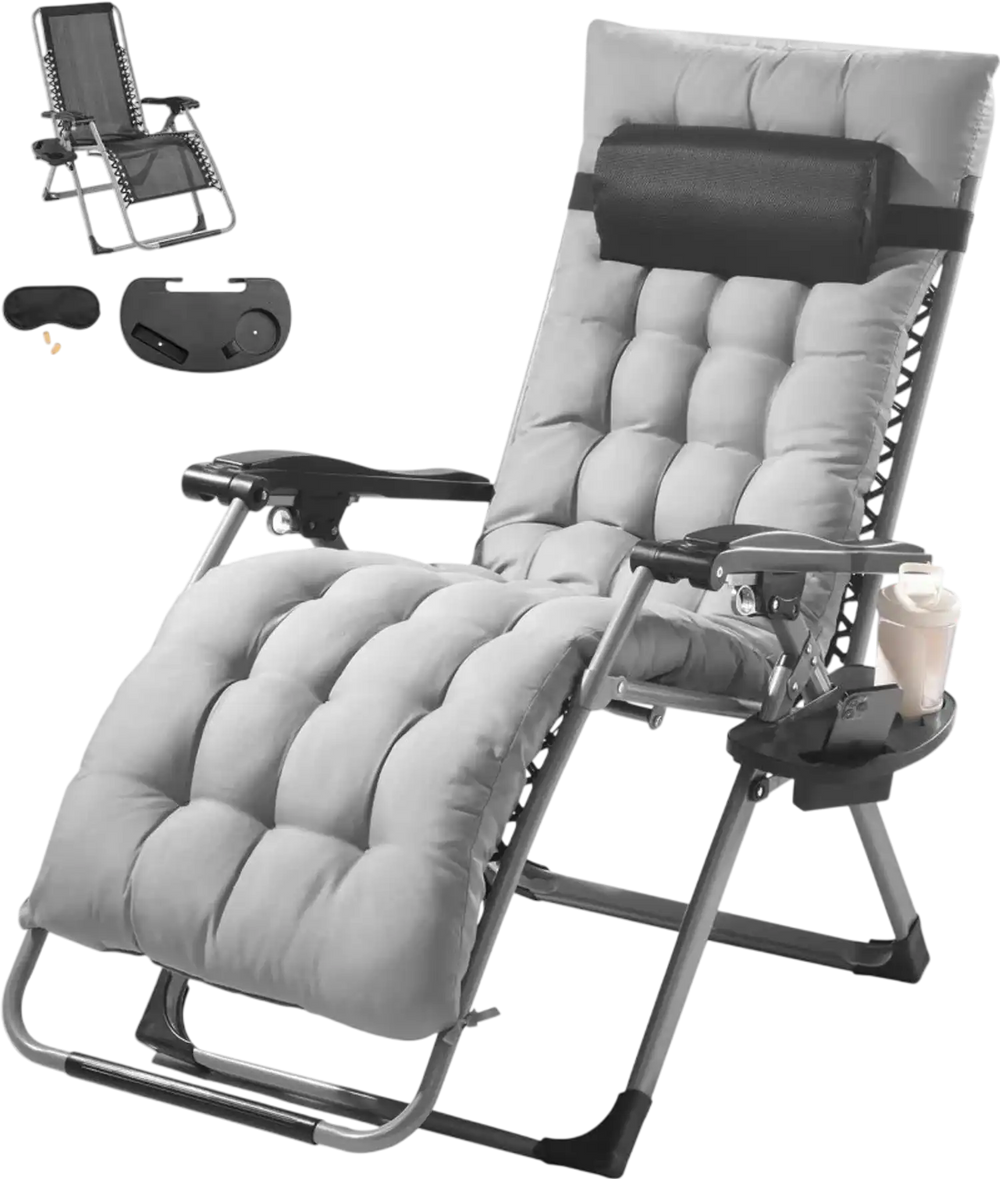 VEVOR Zero Gravity Chair, 26 inch Zero Gravity Recliner Lounge Chair for Indoor and Outdoor, Adjustable Anti Gravity Chair with Cushion, Headrest, Footrest, and Cupholder, 500 lbs, Gray