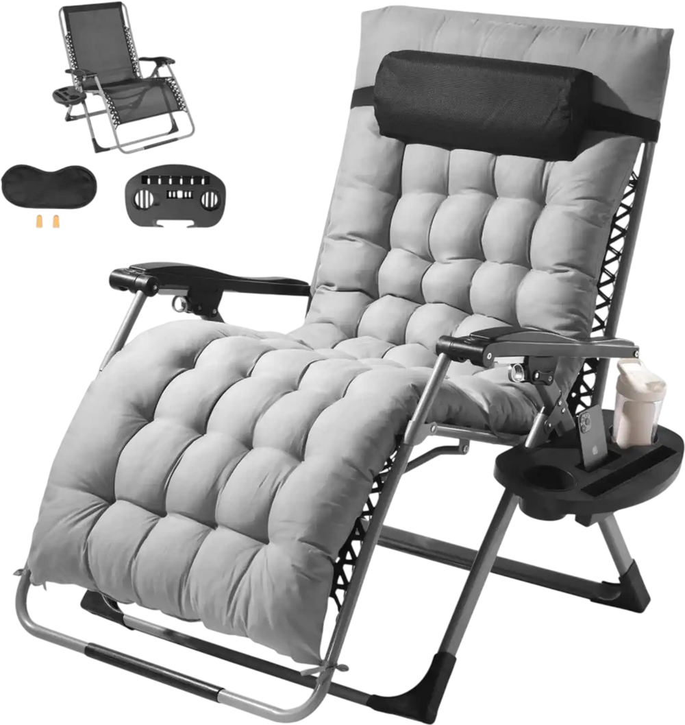 VEVOR Zero Gravity Chair, 33 inch Zero Gravity Recliner Lounge Chair for Indoor and Outdoor, Adjustable Anti Gravity Chair with Cushion, Headrest, Footrest, and Cupholder, 500 lbs, Gray