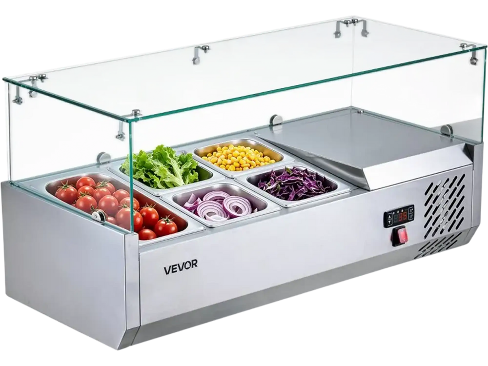 VEVOR Refrigerated Countertop Prep Unit Condiment Prep Station 16 QT ETL, for Commercial Restaurant Salad Bar, 160W, with 1 x 1/3 & 4 x 1/6 Pans, Auto Defrost, Adjustable Temp, Glass Sneeze Guard