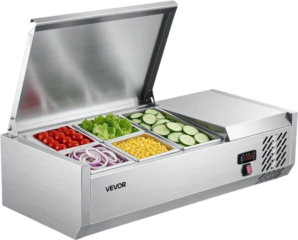 VEVOR Refrigerated Countertop Prep Unit Condiment Prep Station 14 QT ETL, for Commercial Restaurant Salad Bar, 160W, with 1 x 1/3 & 4 x 1/6 Pans, Auto Defrost, Temp Control, Stainless Steel Cover