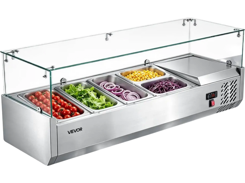 VEVOR Refrigerated Countertop Prep Unit Condiment Prep Station 26.4QT ETL, for Commercial Restaurant Salad Bar, 160W, with 3 x 1/3 & 2 x 1/4 Pans, Auto Defrost, Adjustable Temp, Glass Sneeze Guard