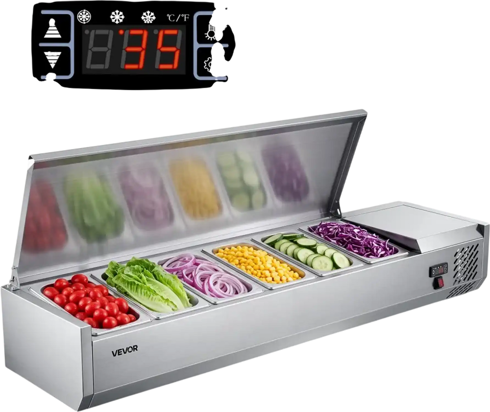 VEVOR Refrigerated Countertop Prep Unit Condiment Prep Station 36 QT ETL, for Commercial Restaurant Salad Bar, 160W, with 6 x 1/3 Pans, Auto Defrost, Adjustable Temp Control, Stainless Steel Cover