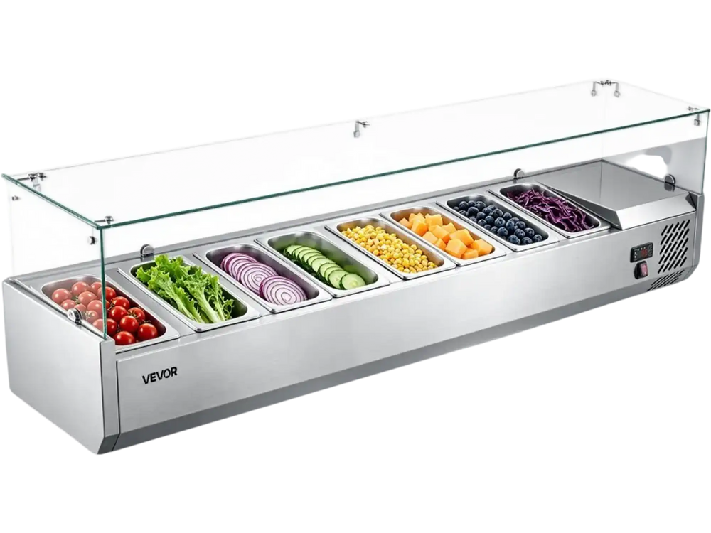 VEVOR Refrigerated Countertop Prep Unit Condiment Prep Station 33.6QT ETL, for Commercial Restaurant Salad Bar, 160W, with 8 x 1/4 Pans, Auto Defrost, Adjustable Temp Control, Glass Sneeze Guard