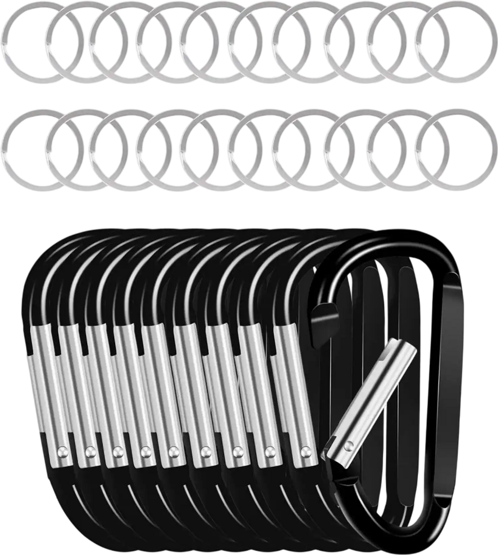 VEVOR 10 PCS Black Carabiner, Caribeaner Clip, Spring Snap Hook for Keychain Clip, 3.07" Aluminum Alloy D Ring Shape Carabeaner with 20 PCS Keyring, Multipurpose for Camping, Hiking, Backpacking