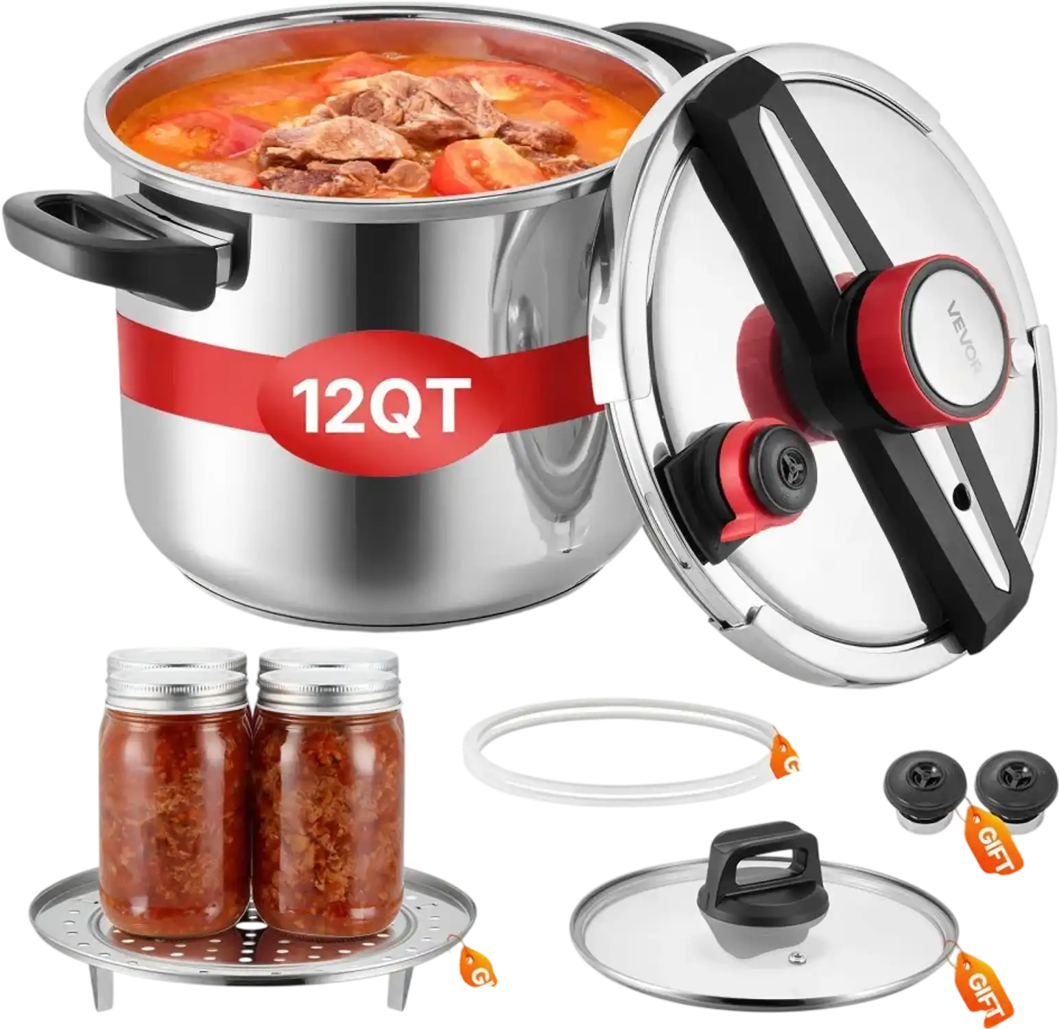 Vevor Pressure Cooker 12 Qt Stainless Steel Pressure Canner with Steaming Rack and Glass Lid New