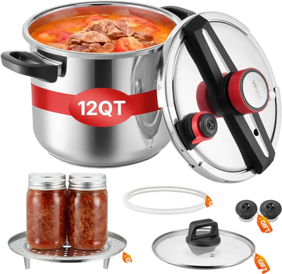 VEVOR Pressure Cooker, 12Qt Pressure Cooker Stainless Steel, Pressures Canner with Steaming Rack, Tempered Glass Lid, Three Pressures Settings for Meat, Beans, Rice, Soup, Sauces, Cook up to 100 kPa