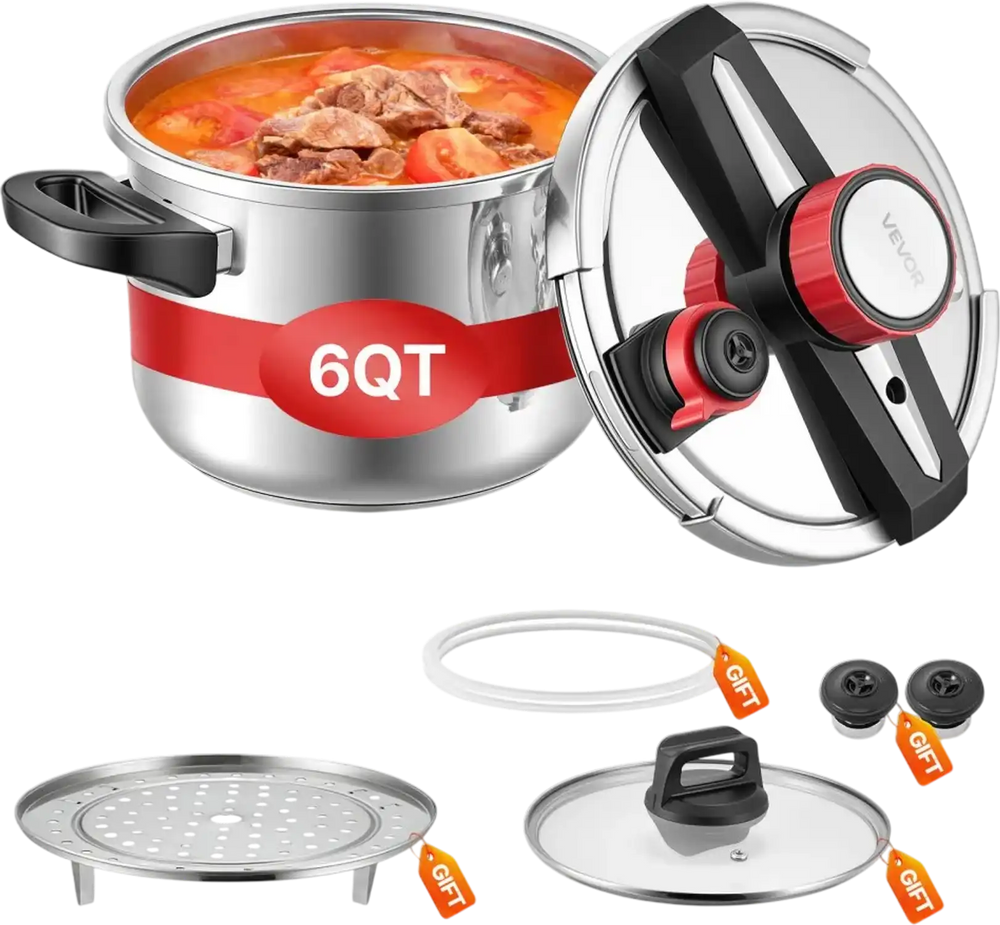 VEVOR Pressure Cooker, 6.3Qt Pressure Cooker Stainless Steel, Pressures Canner with Steaming Rack, Tempered Glass Lid, Three Pressures Settings for Meat, Beans, Rice, Soup, Sauces, Cook up to 100 kPa