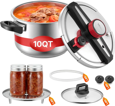 VEVOR Pressure Cooker, 10Qt Pressure Cooker Stainless Steel, Pressures Canner with Steaming Rack, Tempered Glass Lid, Three Pressures Settings for Meat, Beans, Rice, Soup, Sauces, Cook up to 100 kPa