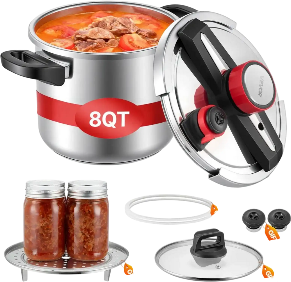 VEVOR Pressure Cooker, 8Qt Pressure Cooker Stainless Steel, Pressures Canner with Steaming Rack, Tempered Glass Lid, Three Pressures Settings for Meat, Beans, Rice, Soup, Sauces, Cook up to 100 kPa
