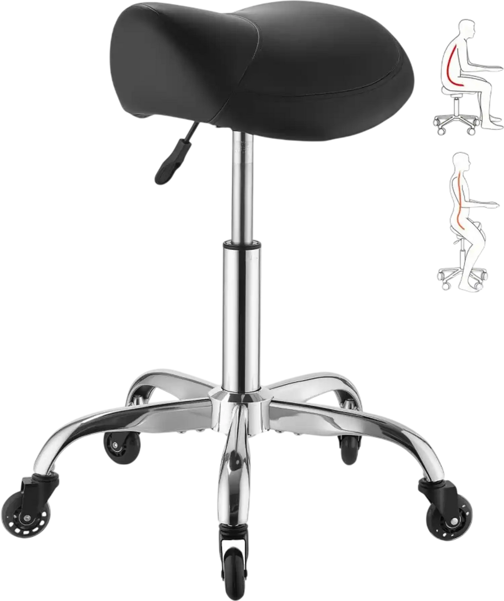 VEVOR Saddle Stool with Wheels, 500 lbs Weight Capacity, Height Adjustable, Quiet Casters, Ergonomic PU Leather Seat, 360° Swivel Saddle Stool Rolling Chair for Salon, Spa, Bar, Home, Medical, Black