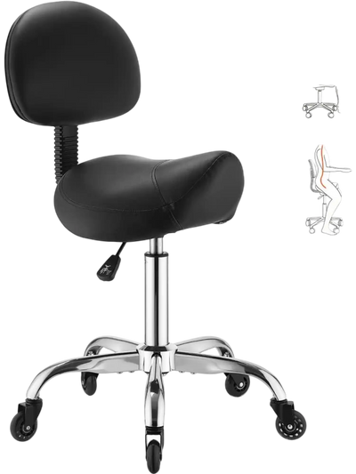 VEVOR Saddle Stool with Back Support, 500 lbs Weight Capacity, Height Adjustable, Quiet Casters, Ergonomic PU Leather Seat, 360° Swivel Saddle Stool Rolling Chair for Salon, Spa, Bar, Medical, Black
