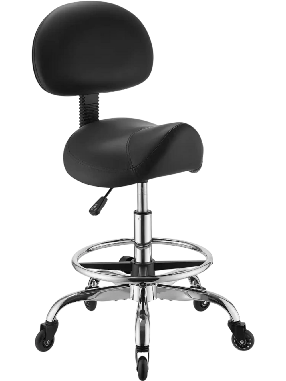 VEVOR Saddle Stool with Back Support Footrest, 500 lbs Weight Capacity, Height Adjustable, Quiet Casters, PU Leather Seat, 360° Swivel Saddle Stool Rolling Chair for Salon, Spa, Bar, Medical, Black